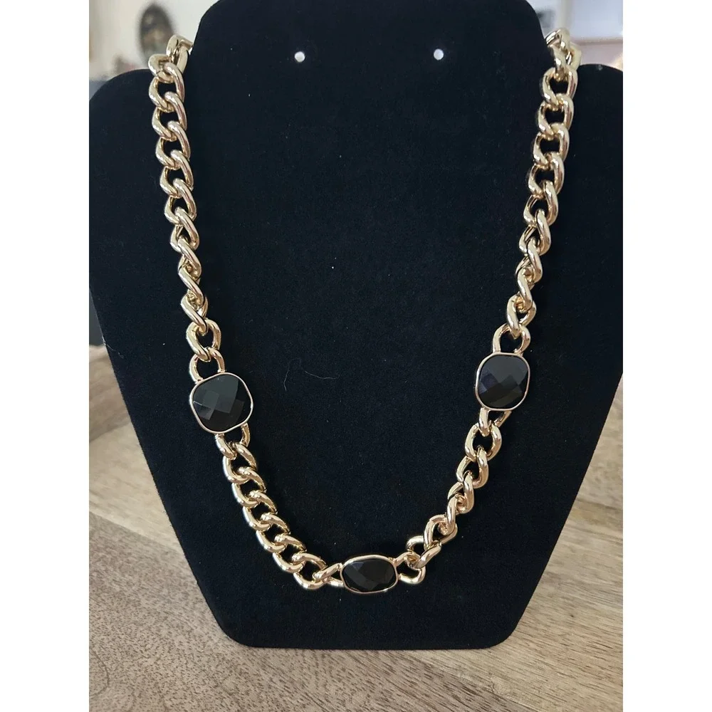 Gold Tone Chunky Curb Chain Necklace with Black Stone Accents Statement Jewelry - Picture 1 of 7